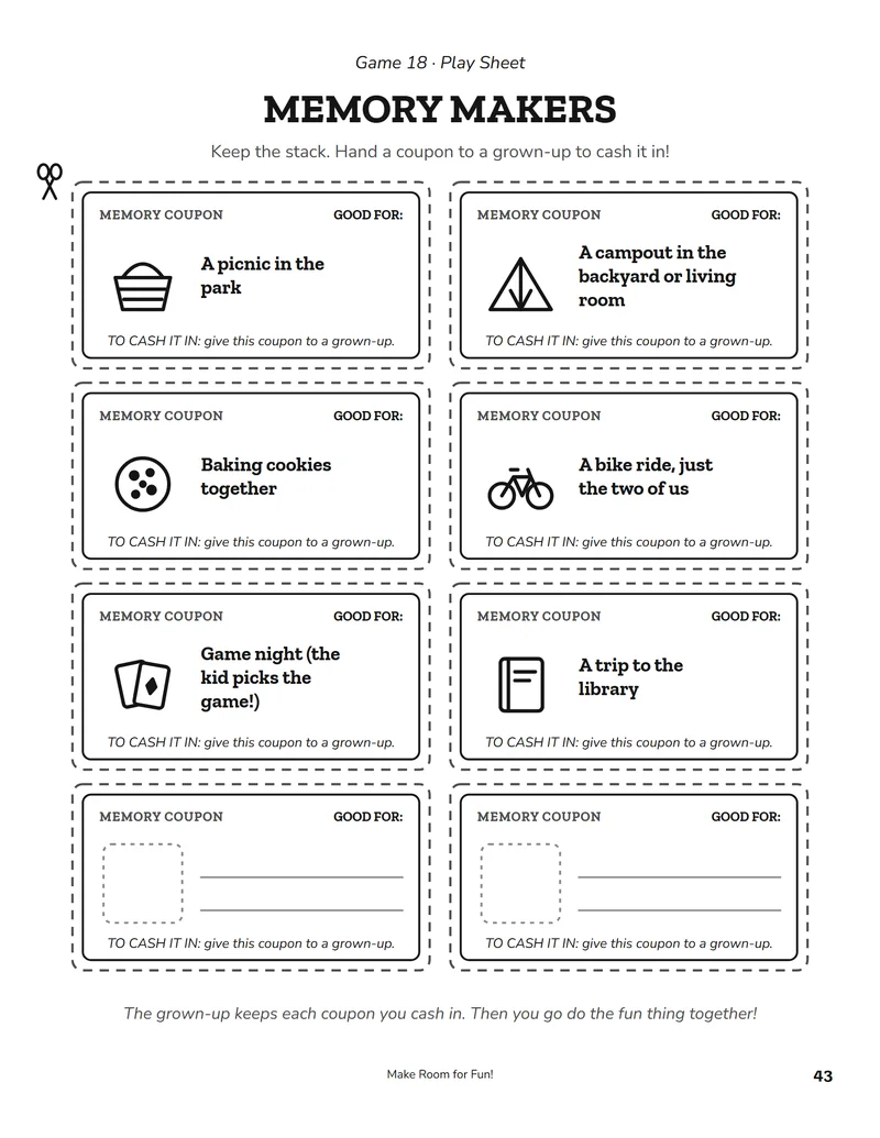 The Memory Makers play sheet: coupons for things to do together